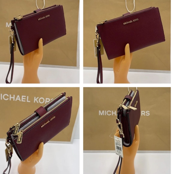 MICHAEL KORS LG DOUBLE ZIP WRISTLET MERLOT DARK CHERRY MULBERRY PHONE HO… - Picture 15 of 16